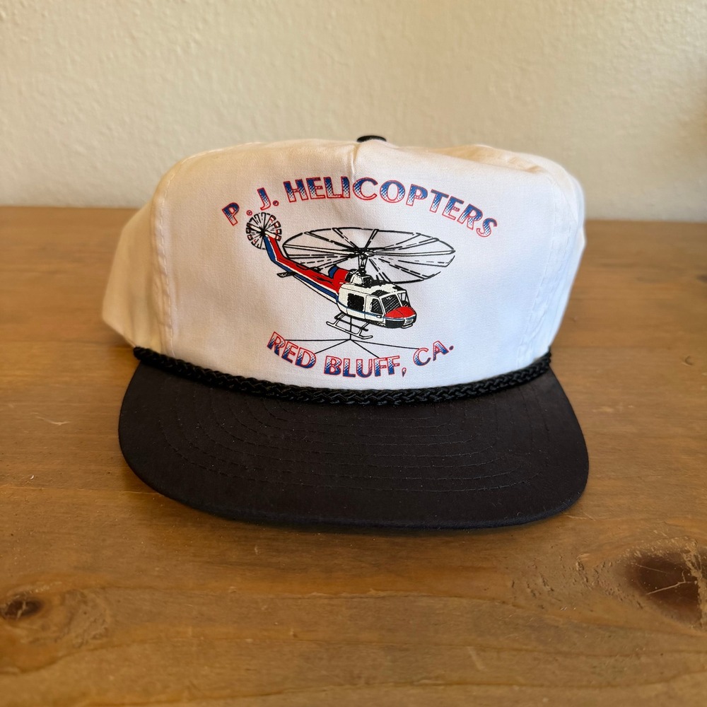 Vintage Nissin PJ Helicopters Red Bluff CA Snapback Trucker Hat White Black Rope